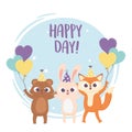 Happy day, bear rabbit and fox with party hat balloons Royalty Free Stock Photo