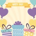 Happy day, gift boxes balloons shaped hearts ribbon decoration