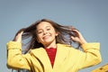 Happy day. Kid girl long hair enjoy walk sunny day blue sky background. Girl carefree childhood walk. Charming little Royalty Free Stock Photo