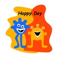 Happy day. Positive phrase. Cute cartoon monsters. Childrens greeting card or party invitation template