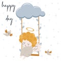Happy day poster with angel and swing - vector illustration, eps Royalty Free Stock Photo