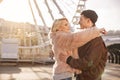 Romantic lovers are embracing on street Royalty Free Stock Photo