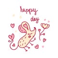 Happy day slogan print with cute mouse, flower and hearts. Perfect for sticker, card, tee. Doodle vector illustration