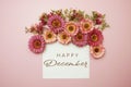 Happy December typography text with flowers on pink background