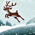 happy deer jumping through a snowy landscape