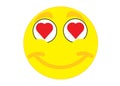 A happy delighted smiling emoticon smiley yellow face with heart eye pupils white backdrop Royalty Free Stock Photo
