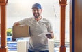 Happy delivery man, box and portrait with tablet for order, parcel or courier service at front door. Male person smiling Royalty Free Stock Photo