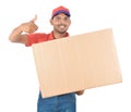 Happy delivery man carrying carton boxes thumb up in uniform Royalty Free Stock Photo