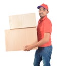 Happy delivery man carrying carton boxes in uniform Royalty Free Stock Photo