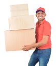 Happy delivery man carrying carton boxes in uniform Royalty Free Stock Photo