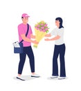 Happy delivery man give woman bouquet flat color vector detailed characters