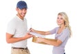 Happy delivery man giving package to customer Royalty Free Stock Photo