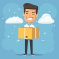 Happy delivery man holding a large cardboard box, beaming smile, blue background with clouds. Cheerful courier