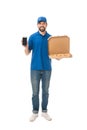 happy delivery man holding smartphone and pizza in box smiling at camera Royalty Free Stock Photo