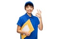 happy delivery woman holding envelope showing ok Royalty Free Stock Photo