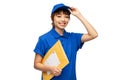 happy delivery woman holding parcel envelope Royalty Free Stock Photo