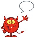 Happy Devil Cartoon Emoji Character Waving For Greeting With Speech Bubble Royalty Free Stock Photo