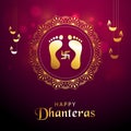 Happy Dhanteras / Diwali Festival Greeting with decorative elements, oil lamps and symbolic footprints of Goddess Maha Laxmi.