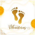 happy dhanteras religious background with golden goddess feet and flower design