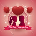 Happy Dia dos Namorados Valentine`s Lovers` Day of the Enamored 3d heart couple silhouette poster vector card