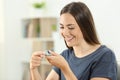 Happy diabetic girl checking blood sugar level Royalty Free Stock Photo