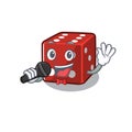 Happy dice singing with on a microphone
