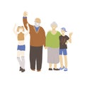 Happy different generation family with older parents, grandmother and grandfather and two teens, boy and girl, holding