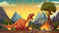 Happy Dinosaur and Diplodocus in a Cartoon Scene near an Erupting Volcano. Perfect for Children\'s Books and Educational Royalty Free Stock Photo