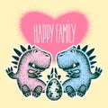 Happy dinosaur family. Two cute cartoon dinosaurs with egg. Animal vector illustration. heart love. Design for fabric, print, Royalty Free Stock Photo