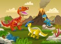 Happy Dinosaurs Prehistoric Landscape With Erupting Volcano