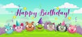 Happy Dirthday greetings. Cute childish decorative greeting card.