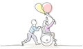 Happy disabled girl with balloons and healthy boy run outdoor.