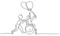 Happy disabled girl with balloons and healthy boy run outdoor.