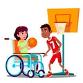 Happy Disabled Girl On Wheelchair Playing Basketball With Friend Vector. Isolated Illustration