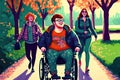 Happy disabled person with friends walks in the park. Generative ai