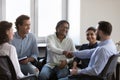 Happy diverse business colleagues men shaking hands with gratitude Royalty Free Stock Photo