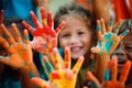 Happy diverse children raising painted hands kindergarten child kids playing playful joyful enjoying colorful paint Royalty Free Stock Photo