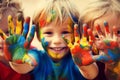 Happy diverse children raising painted hands kindergarten child kids playing playful joyful enjoying colorful paint Royalty Free Stock Photo