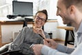 Happy diverse colleagues have fun brainstorming in office Royalty Free Stock Photo