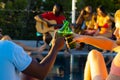 Happy diverse group of friends having pool party, drinking beer and playing guitar in garden Royalty Free Stock Photo