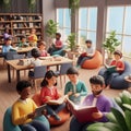 Happy Diverse Group Reading in a Modern Library Royalty Free Stock Photo