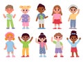 Happy diverse kids characters waving hands and greeting. Cartoon children boys and girls with bye or hello gestures