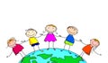 Happy kids and earth. cartoon.on white background