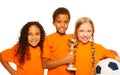 Happy diverse kids winners of soccer games Royalty Free Stock Photo