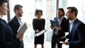 Happy diverse colleagues have fun brainstorming in office Royalty Free Stock Photo