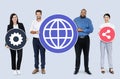 Happy diverse people holding internet icons Royalty Free Stock Photo