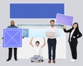 Happy diverse people holding web design board