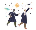 Happy diverse students couple celebrate graduation throwing caps up. Cheerful alumnus man and woman Royalty Free Stock Photo