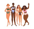 Happy diverse women in swimwear, bikini portrait. Girls group of different race, skin color, height, weight. Diversity