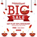Happy Diwali Big Discount Promotion Sale Banner Design Template to attract people with diya oil lamp and firecrackers Royalty Free Stock Photo